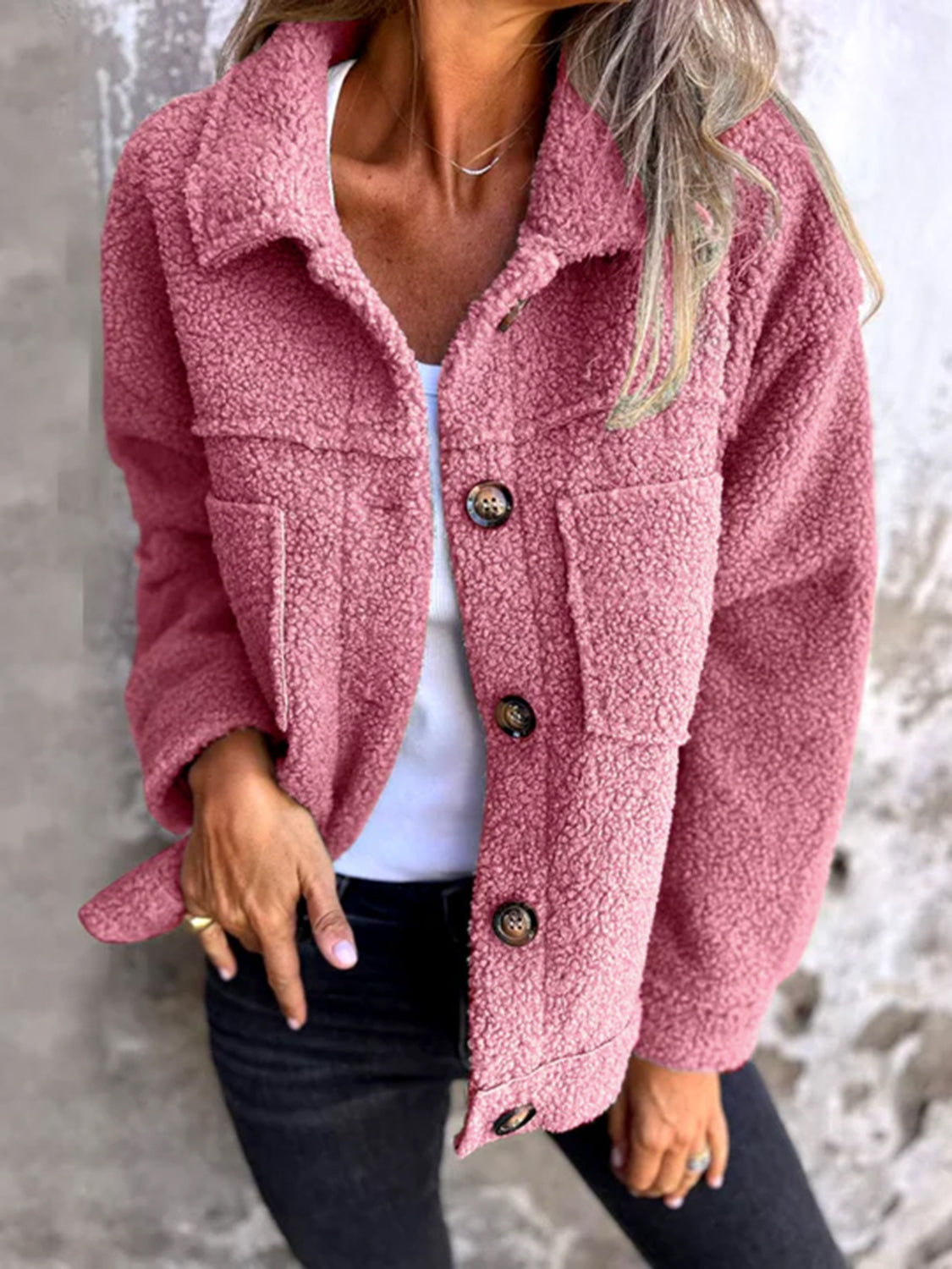 Full Size Fuzzy Button Up Drop Shoulder Jacket