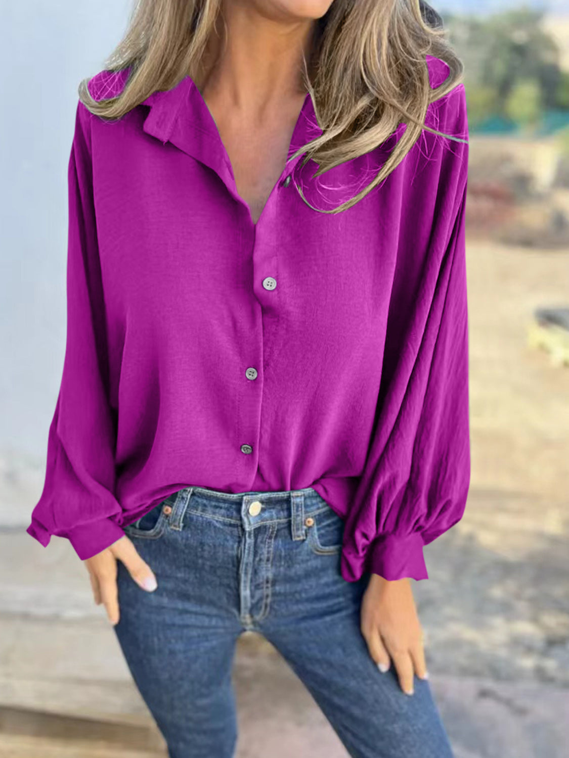 Full Size Collared Neck Long Sleeve Shirt