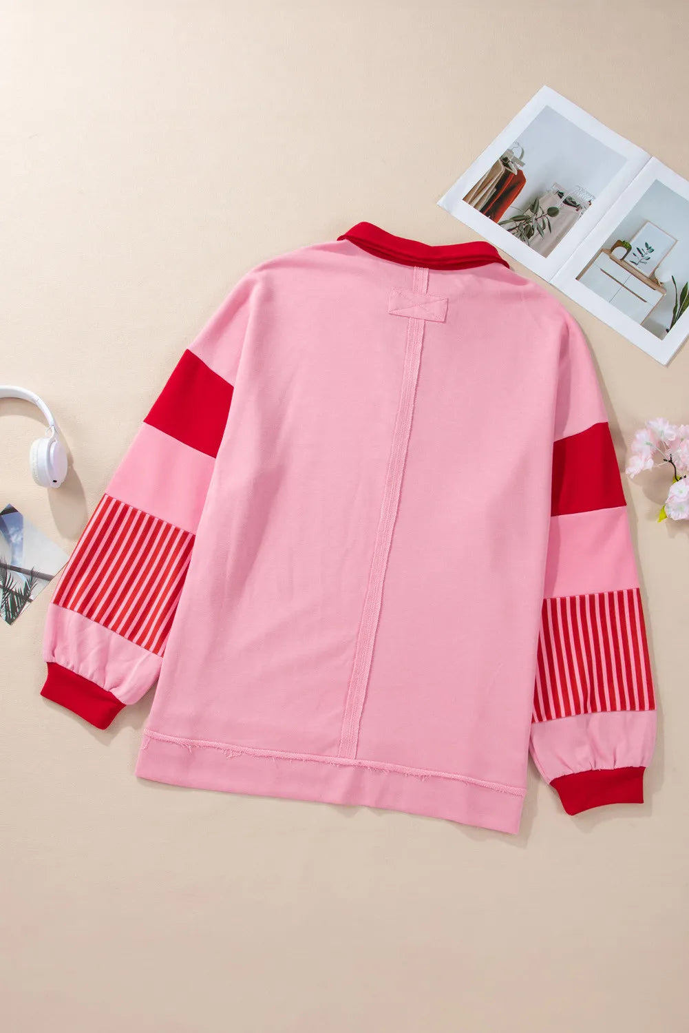 Plus Size Color Block Johnny Collar Long Sleeve Sweatshirt