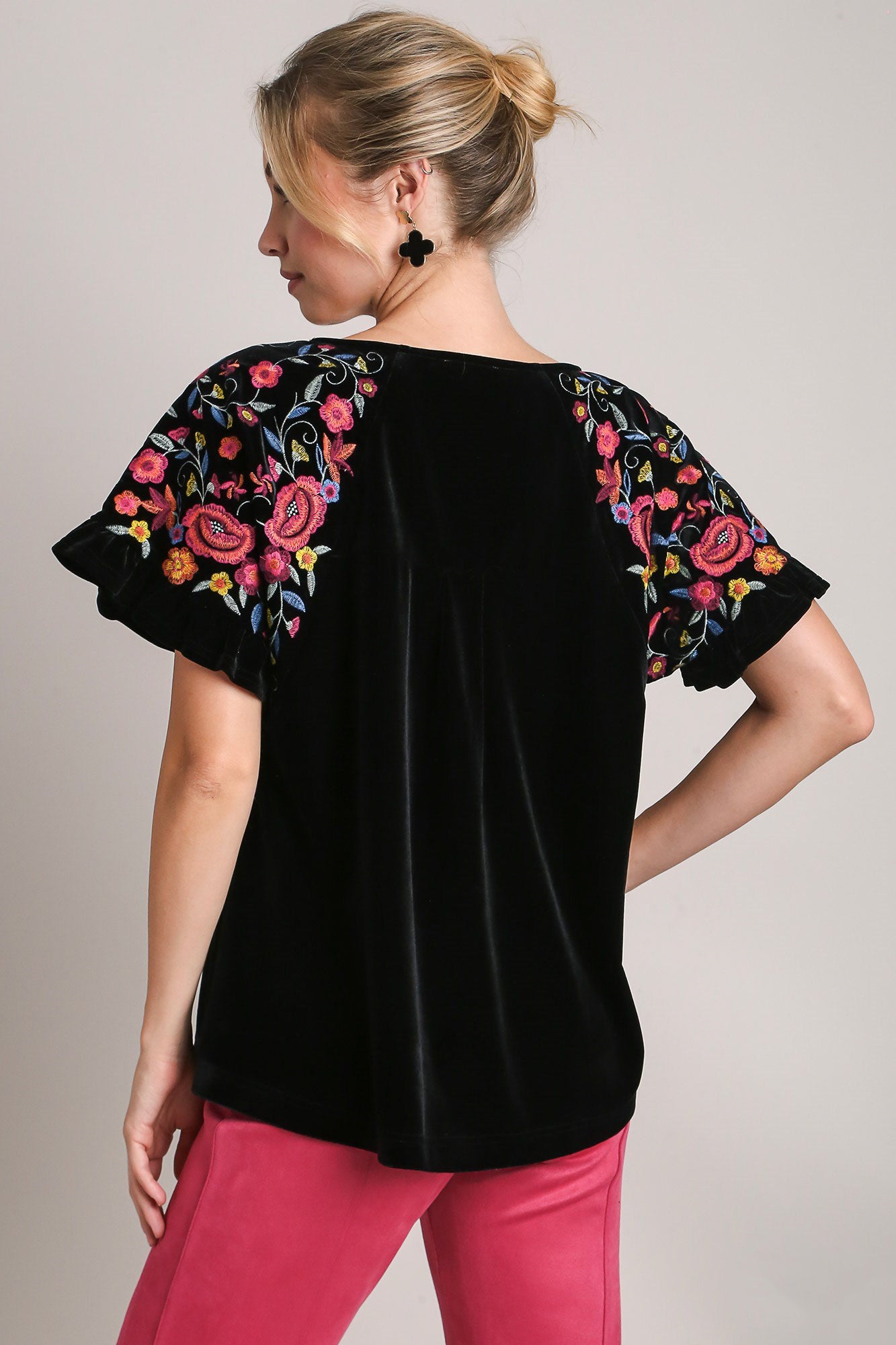 Umgee Full Size Velvet Embroidery Short Sleeve Blouse